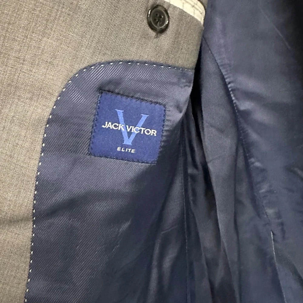 Jack Victor Elite Windowpane Wool Blazer Gray Stretch Two Button Men's Size 46R
